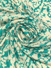 Teal/Cream 100% Polyester Abstract Floral Print Satin-Faced Crinkle Chiffon 56W