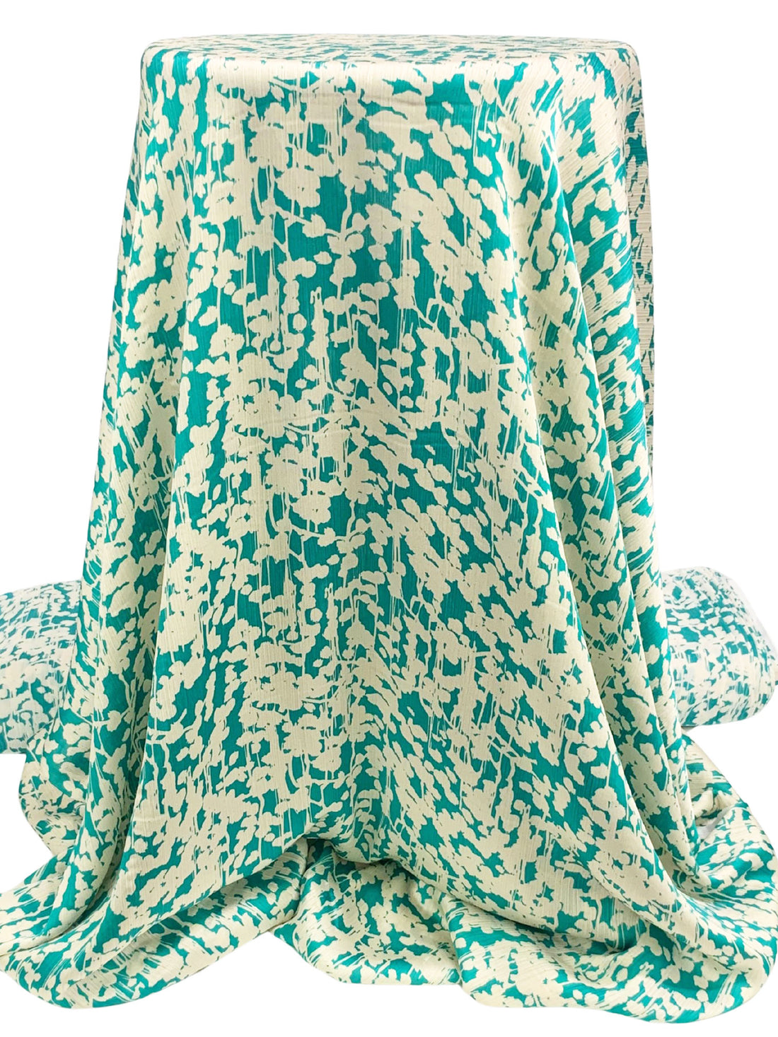 Teal/Cream 100% Polyester Abstract Floral Print Satin-Faced Crinkle Chiffon 56W