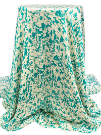 Teal/Cream 100% Polyester Abstract Floral Print Satin-Faced Crinkle Chiffon 56W