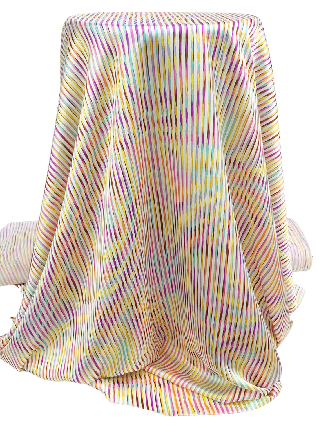 Fuchsia Pink/Off-White/Canary/Multi 100% Polyester Warped Vertical Stripe Print Charmeuse 56W