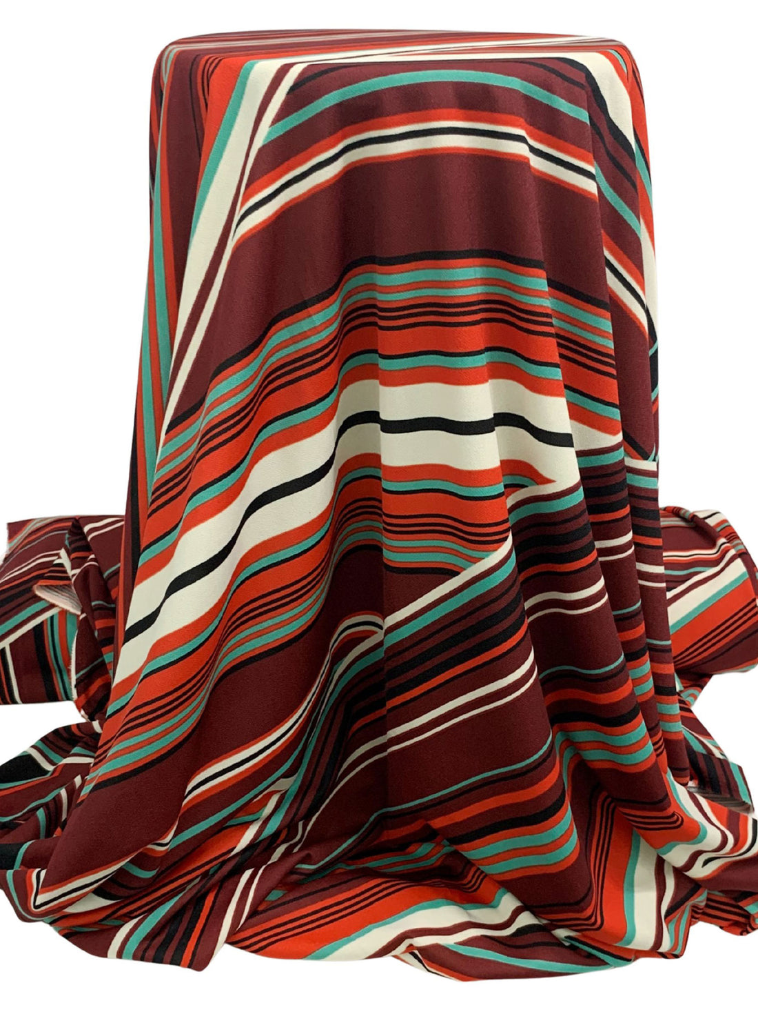 Muted Garnet/Medium Vermilion/Black/Multi 100% Polyester Large Overlapping Stripe Print Crepe Double Knit 56W