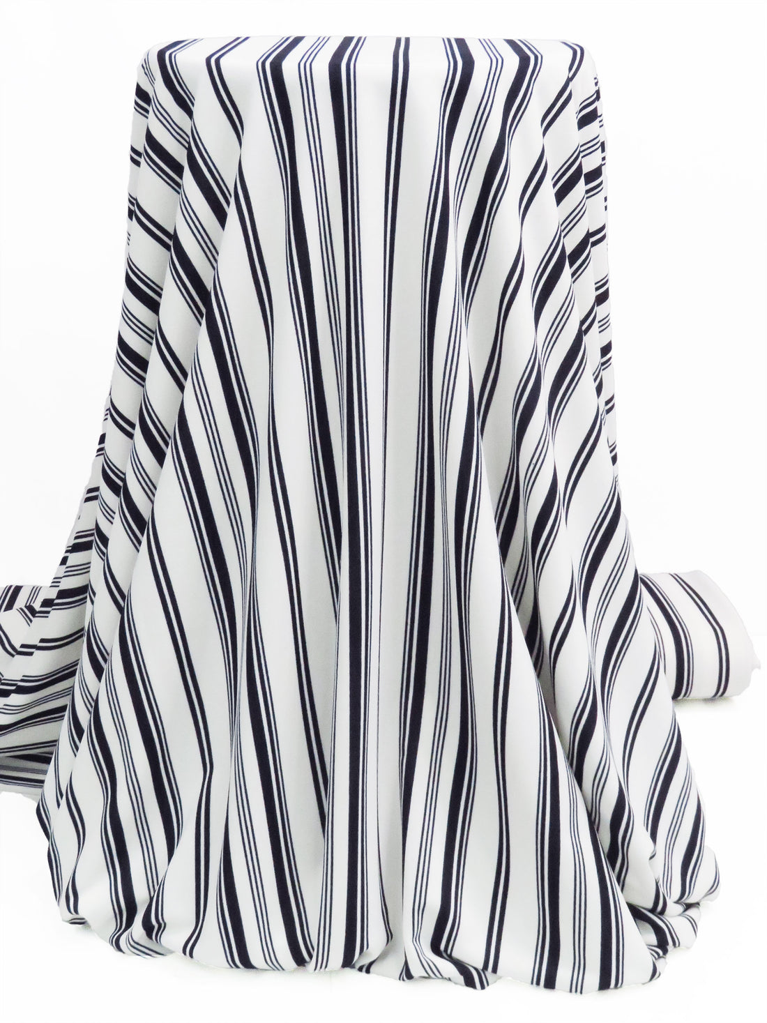 White/Muted Midnight Navy Polyester/Lycra Vertical Multi Stripe Print Crepe Double Knit 56W