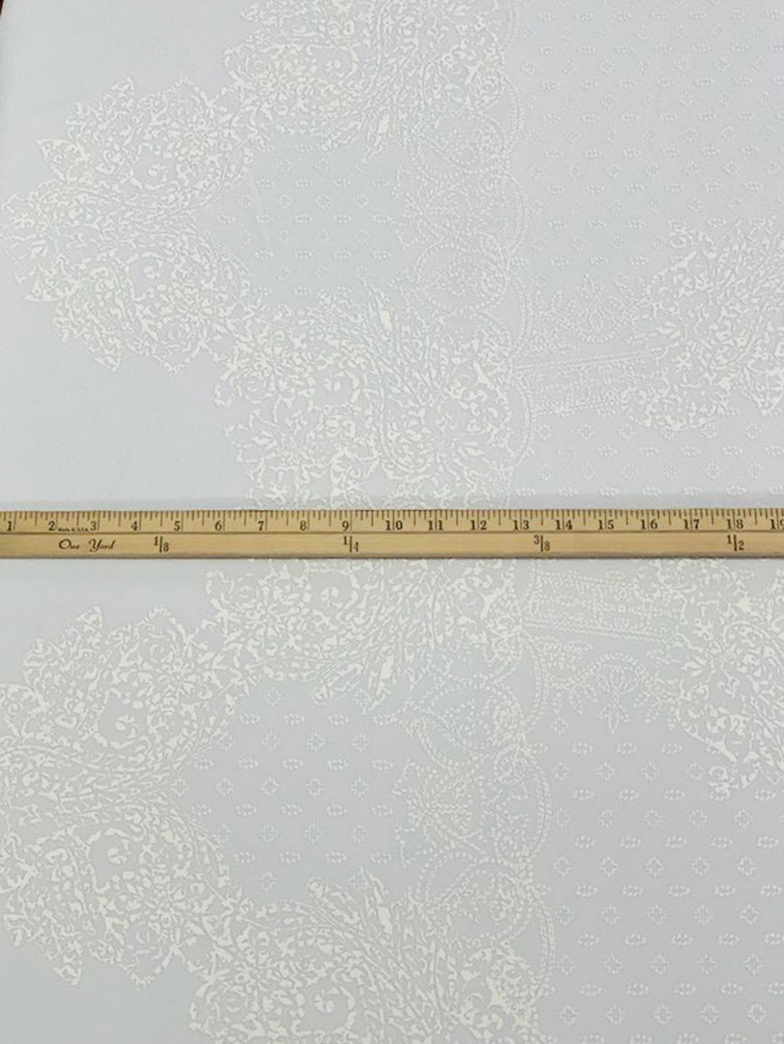 White/Off-White Polyester/Lycra Large Single Border Ornate Puff Print Liverpool Double Knit 58W