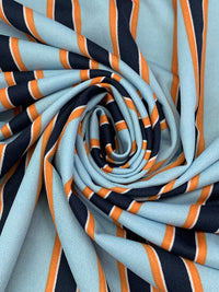 Aqua Blue/Orange/Dark Navy Polyester/Lycra Vertical Stripe Print Crepe Double Knit 58W