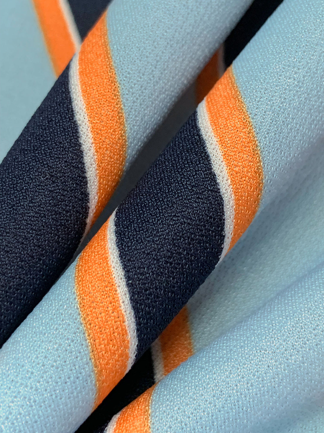 Aqua Blue/Orange/Dark Navy Polyester/Lycra Vertical Stripe Print Crepe Double Knit 58W