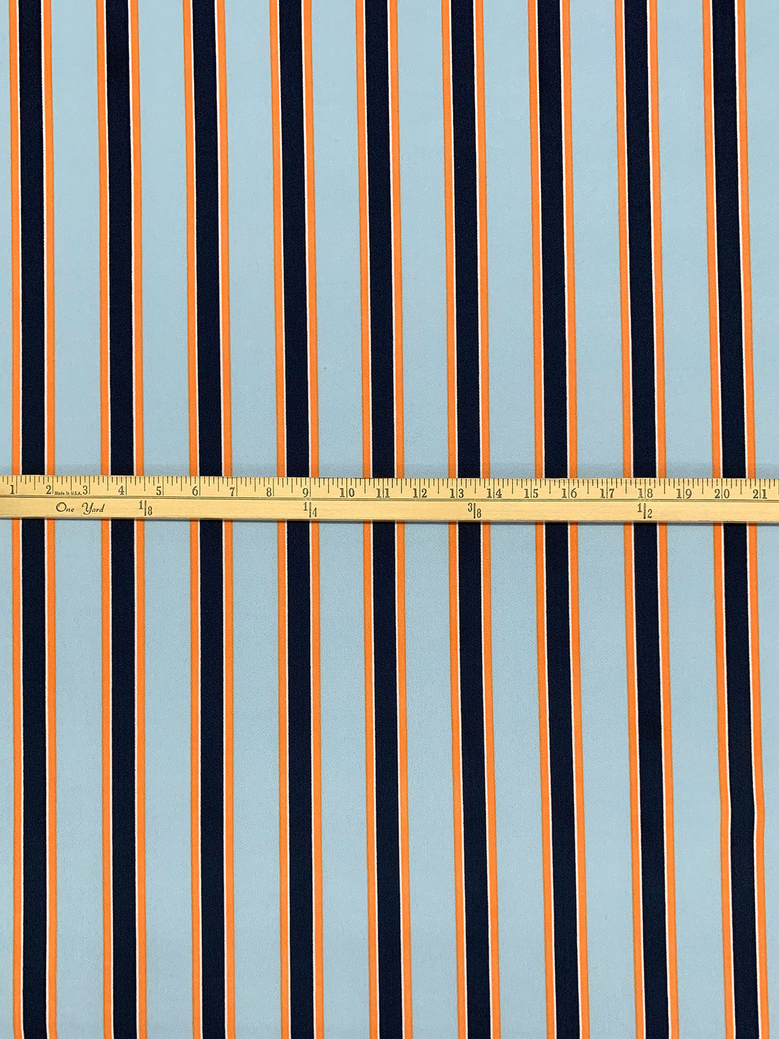 Aqua Blue/Orange/Dark Navy Polyester/Lycra Vertical Stripe Print Crepe Double Knit 58W