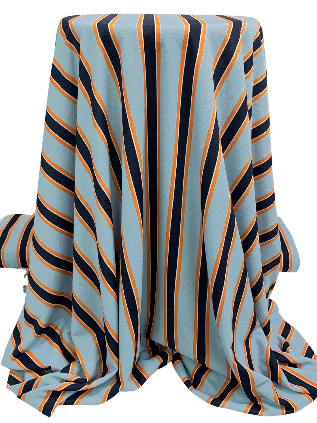 Aqua Blue/Orange/Dark Navy Polyester/Lycra Vertical Stripe Print Crepe Double Knit 58W