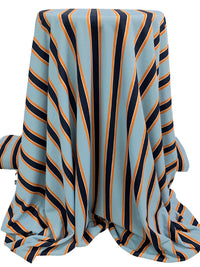 Aqua Blue/Orange/Dark Navy Polyester/Lycra Vertical Stripe Print Crepe Double Knit 58W