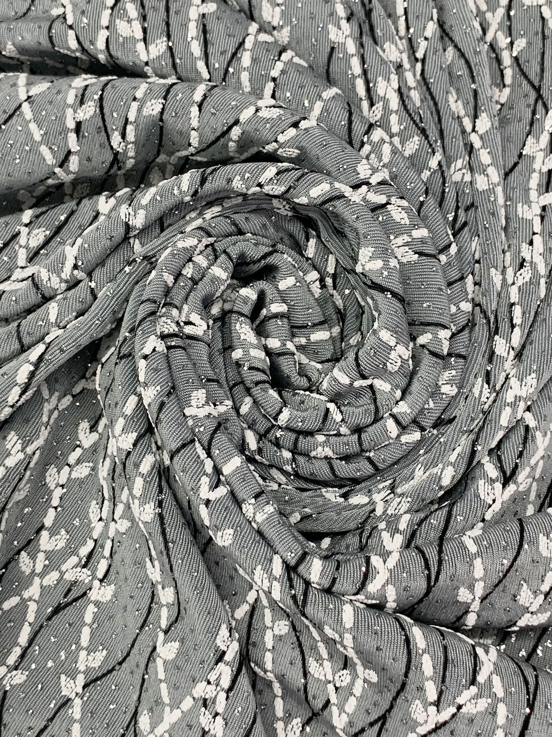 Light Gray/White/Silver Acetate/Lycra Wavy Puff Print Glitter Dot Slinky Knit 52W