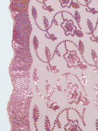 Deep Rose Pink/Taffy Pink/Cherry Pink 100% Polyester Double Scalloped Border Embroidered Sequin Floral Design On Netting 51W