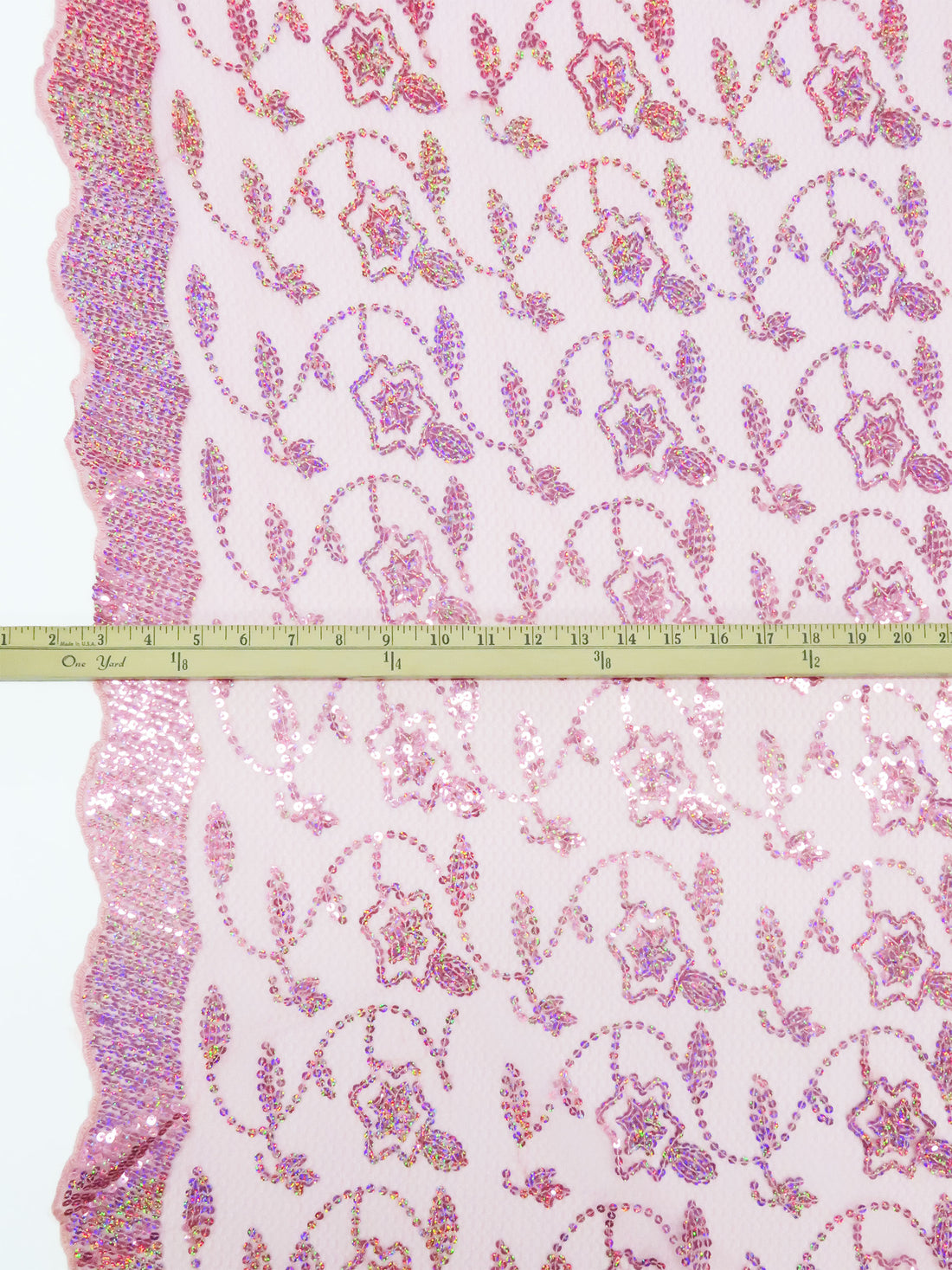 Deep Rose Pink/Taffy Pink/Cherry Pink 100% Polyester Double Scalloped Border Embroidered Sequin Floral Design On Netting 51W