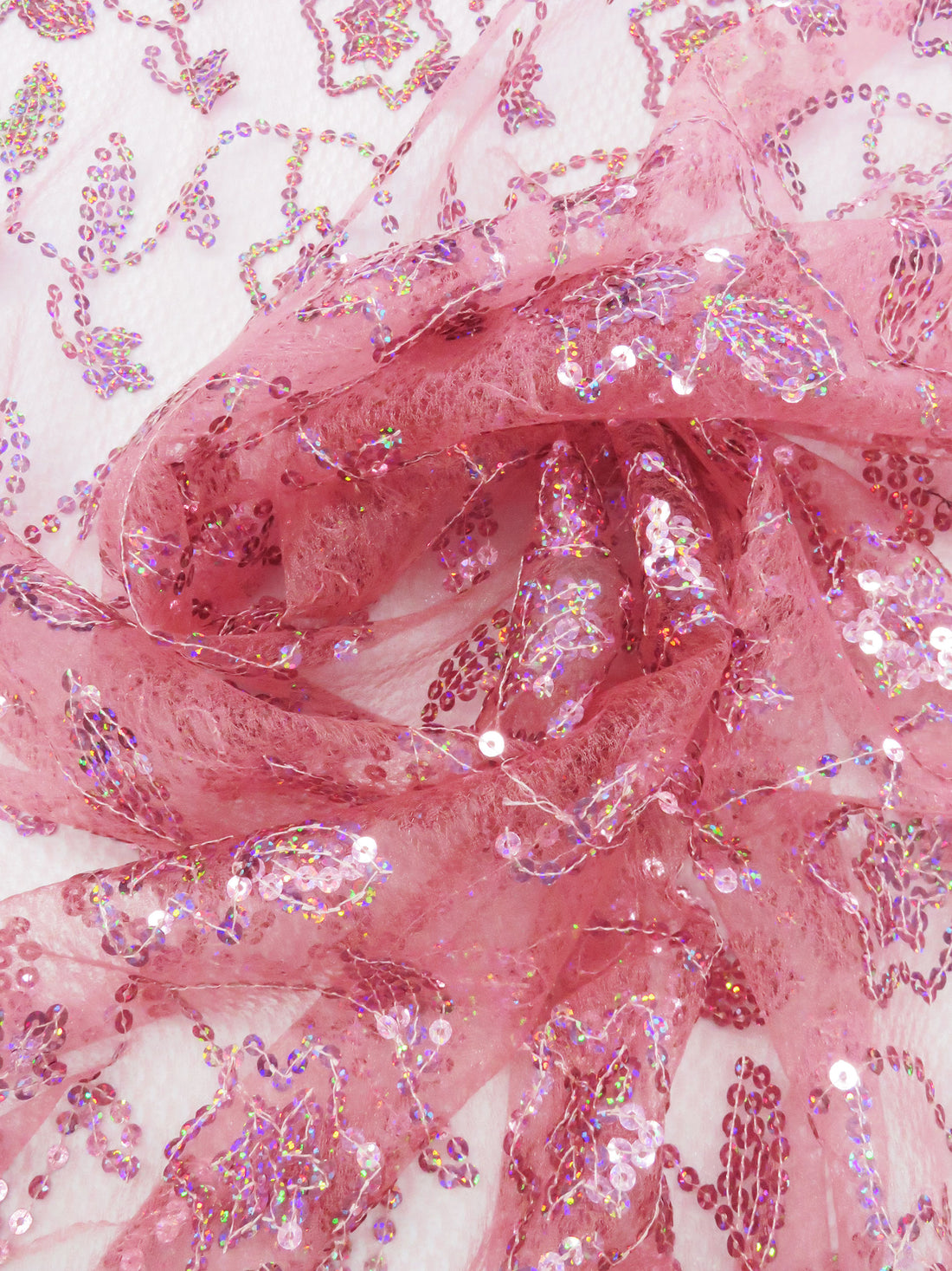 Deep Rose Pink/Taffy Pink/Cherry Pink 100% Polyester Double Scalloped Border Embroidered Sequin Floral Design On Netting 51W