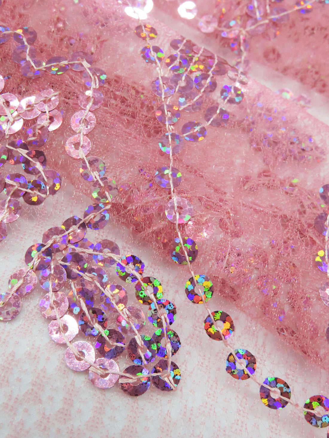 Deep Rose Pink/Taffy Pink/Cherry Pink 100% Polyester Double Scalloped Border Embroidered Sequin Floral Design On Netting 51W