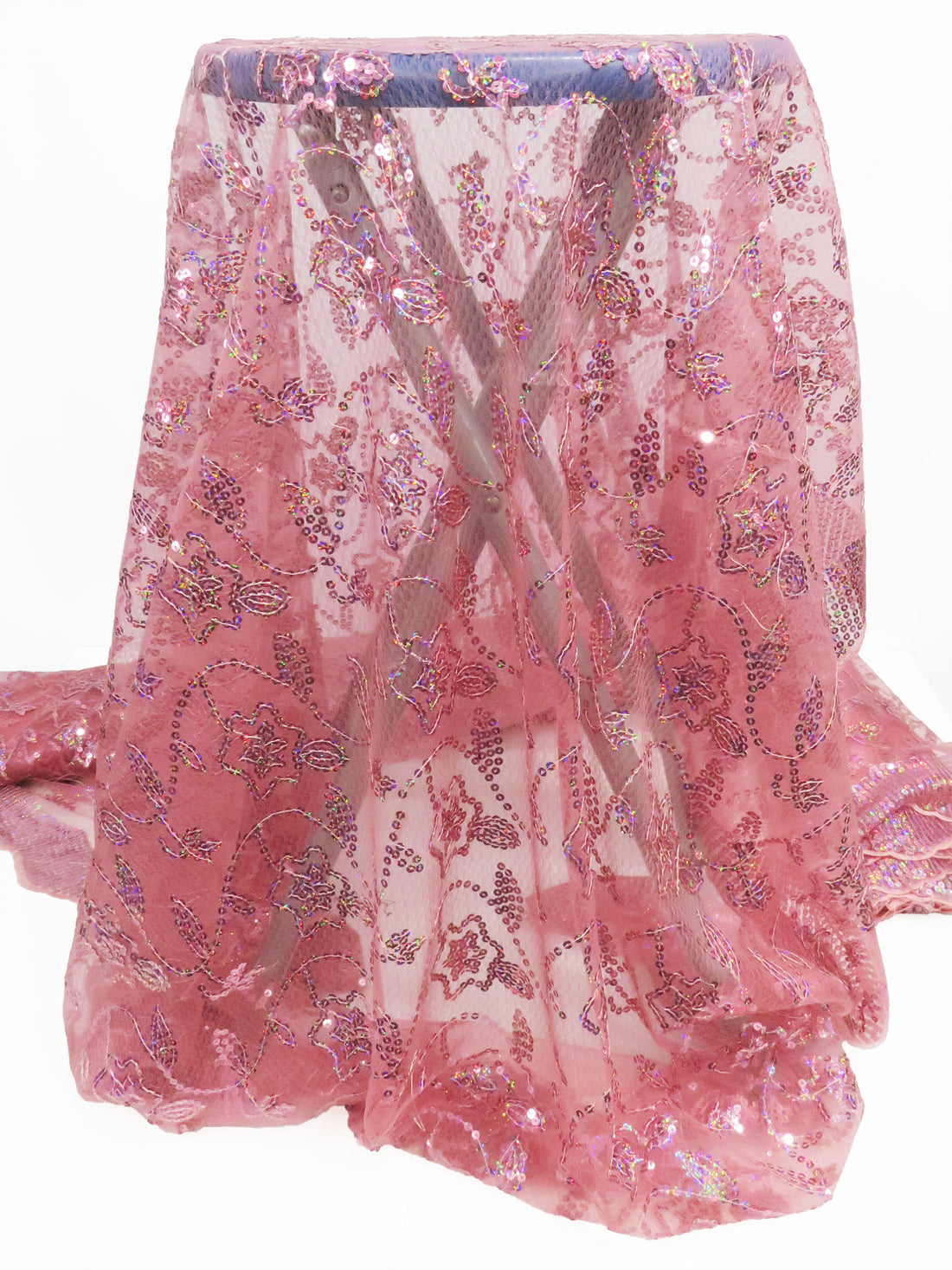 Deep Rose Pink/Taffy Pink/Cherry Pink 100% Polyester Double Scalloped Border Embroidered Sequin Floral Design On Netting 51W