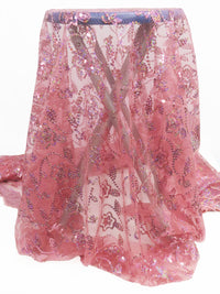 Deep Rose Pink/Taffy Pink/Cherry Pink 100% Polyester Double Scalloped Border Embroidered Sequin Floral Design On Netting 51W