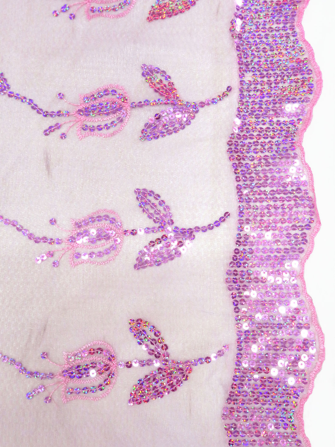 Ballet Pink/Taffy Pink/Bubblegum 100% Polyester Double Scalloped Border Embroidered Sequin Floral Design On Netting 51W