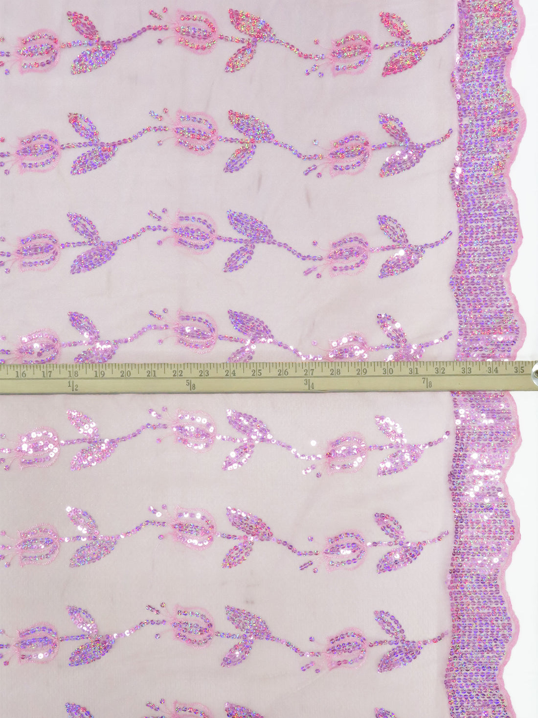 Ballet Pink/Taffy Pink/Bubblegum 100% Polyester Double Scalloped Border Embroidered Sequin Floral Design On Netting 51W