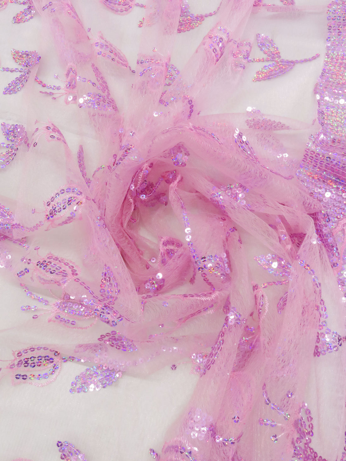 Ballet Pink/Taffy Pink/Bubblegum 100% Polyester Double Scalloped Border Embroidered Sequin Floral Design On Netting 51W