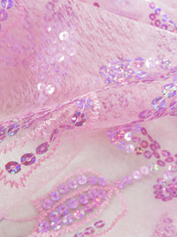 Ballet Pink/Taffy Pink/Bubblegum 100% Polyester Double Scalloped Border Embroidered Sequin Floral Design On Netting 51W