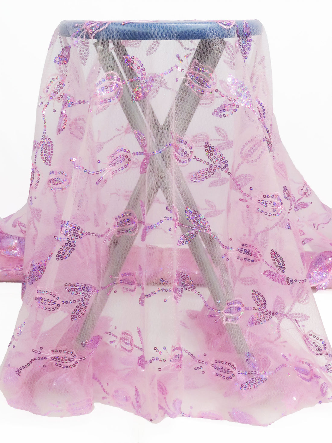 Ballet Pink/Taffy Pink/Bubblegum 100% Polyester Double Scalloped Border Embroidered Sequin Floral Design On Netting 51W