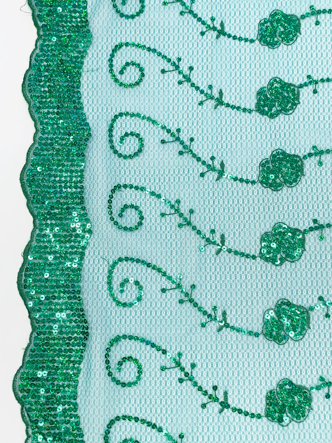 Cool Pine Green/Sea Green/Multi 100% Nylon Scalloped Double Border Embroidered Horizontal Sequin Scrolls Netting 51W