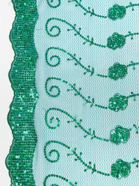 Cool Pine Green/Sea Green/Multi 100% Nylon Scalloped Double Border Embroidered Horizontal Sequin Scrolls Netting 51W