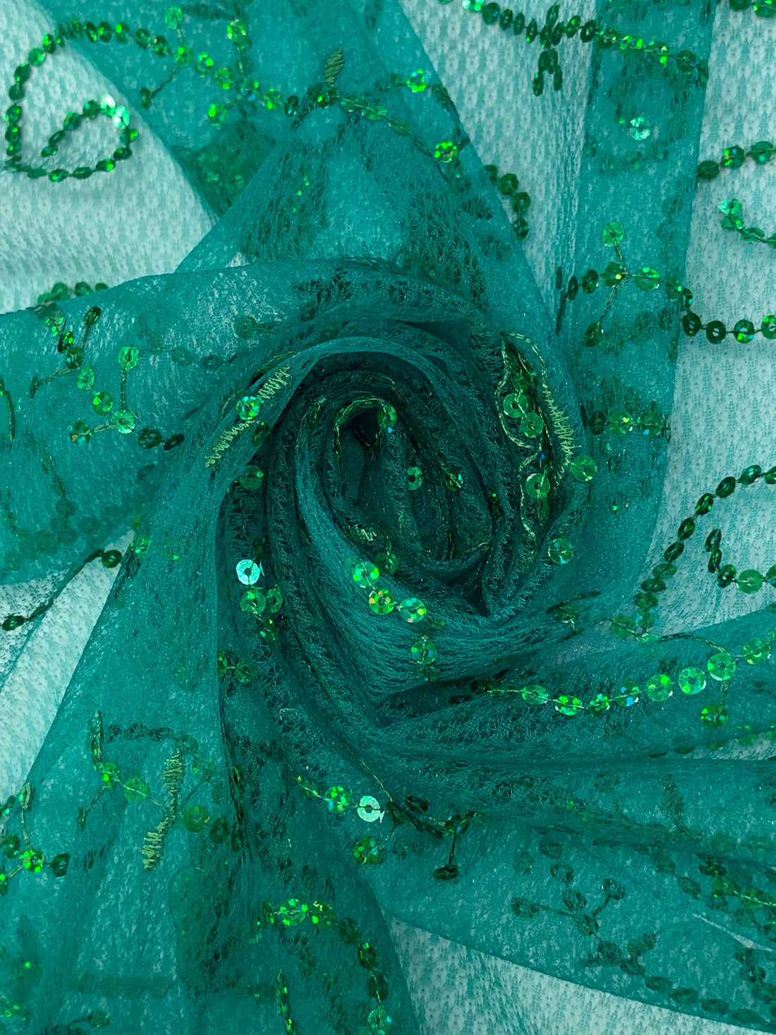 Cool Pine Green/Sea Green/Multi 100% Nylon Scalloped Double Border Embroidered Horizontal Sequin Scrolls Netting 51W