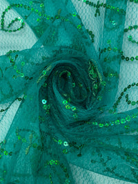 Cool Pine Green/Sea Green/Multi 100% Nylon Scalloped Double Border Embroidered Horizontal Sequin Scrolls Netting 51W