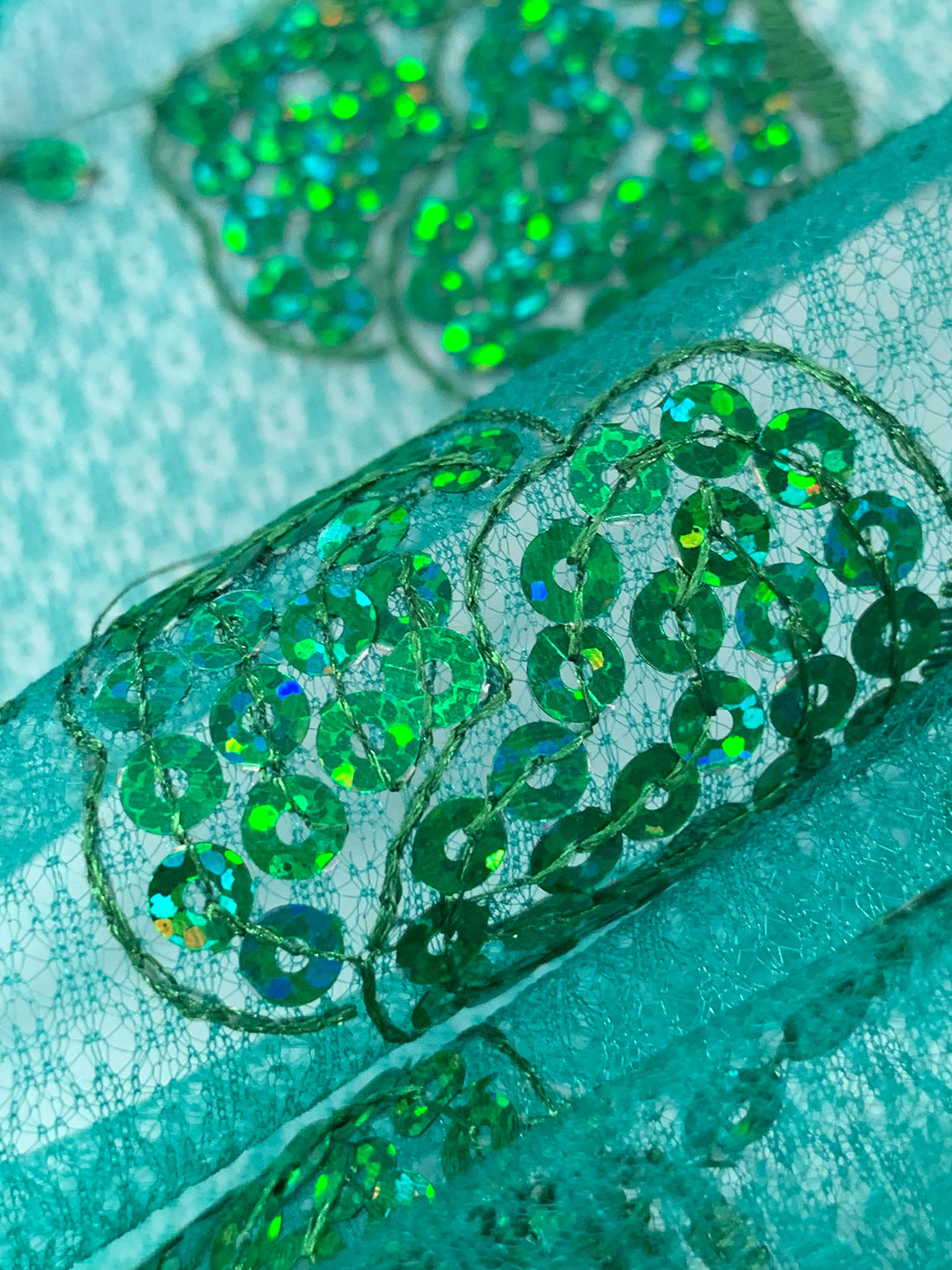 Cool Pine Green/Sea Green/Multi 100% Nylon Scalloped Double Border Embroidered Horizontal Sequin Scrolls Netting 51W