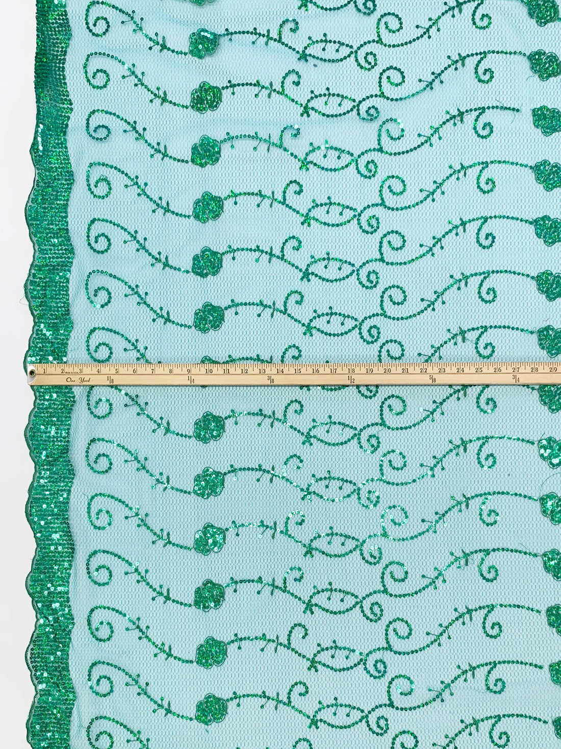 Cool Pine Green/Sea Green/Multi 100% Nylon Scalloped Double Border Embroidered Horizontal Sequin Scrolls Netting 51W