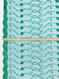 Cool Pine Green/Sea Green/Multi 100% Nylon Scalloped Double Border Embroidered Horizontal Sequin Scrolls Netting 51W