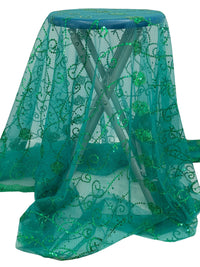 Cool Pine Green/Sea Green/Multi 100% Nylon Scalloped Double Border Embroidered Horizontal Sequin Scrolls Netting 51W