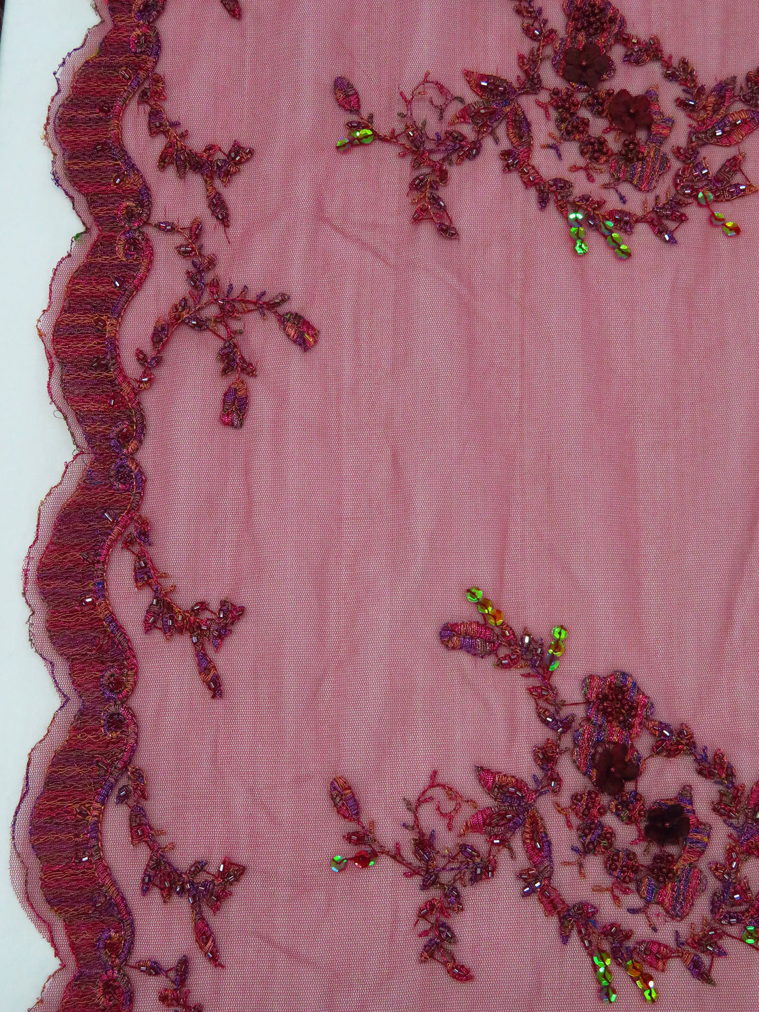 Maroon/Grape/Dark Rose Gold/Multi 100% Nylon Scalloped Single Border Embroidered Floral & Bead Netting 47W