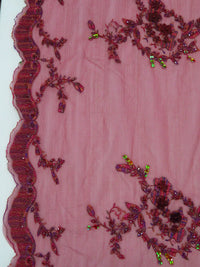 Maroon/Grape/Dark Rose Gold/Multi 100% Nylon Scalloped Single Border Embroidered Floral & Bead Netting 47W