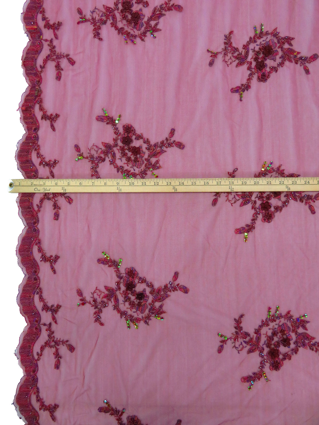 Maroon/Grape/Dark Rose Gold/Multi 100% Nylon Scalloped Single Border Embroidered Floral & Bead Netting 47W