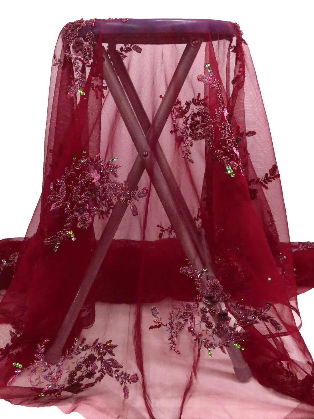 Maroon/Grape/Dark Rose Gold/Multi 100% Nylon Scalloped Single Border Embroidered Floral & Bead Netting 47W