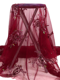 Maroon/Grape/Dark Rose Gold/Multi 100% Nylon Scalloped Single Border Embroidered Floral & Bead Netting 47W