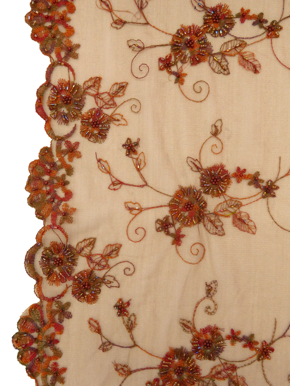 Copper/Sepia/Old Lavender/Multi 100% Nylon Scalloped Double Border Embroidered Floral & Bead Netting 49W