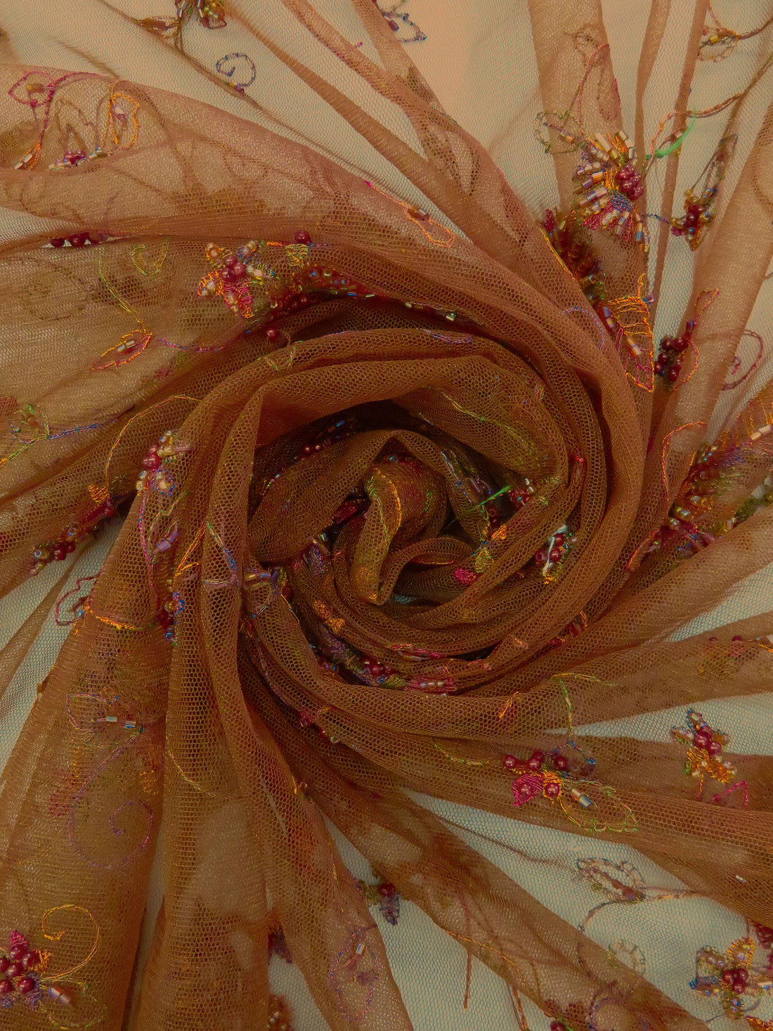 Copper/Sepia/Old Lavender/Multi 100% Nylon Scalloped Double Border Embroidered Floral & Bead Netting 49W