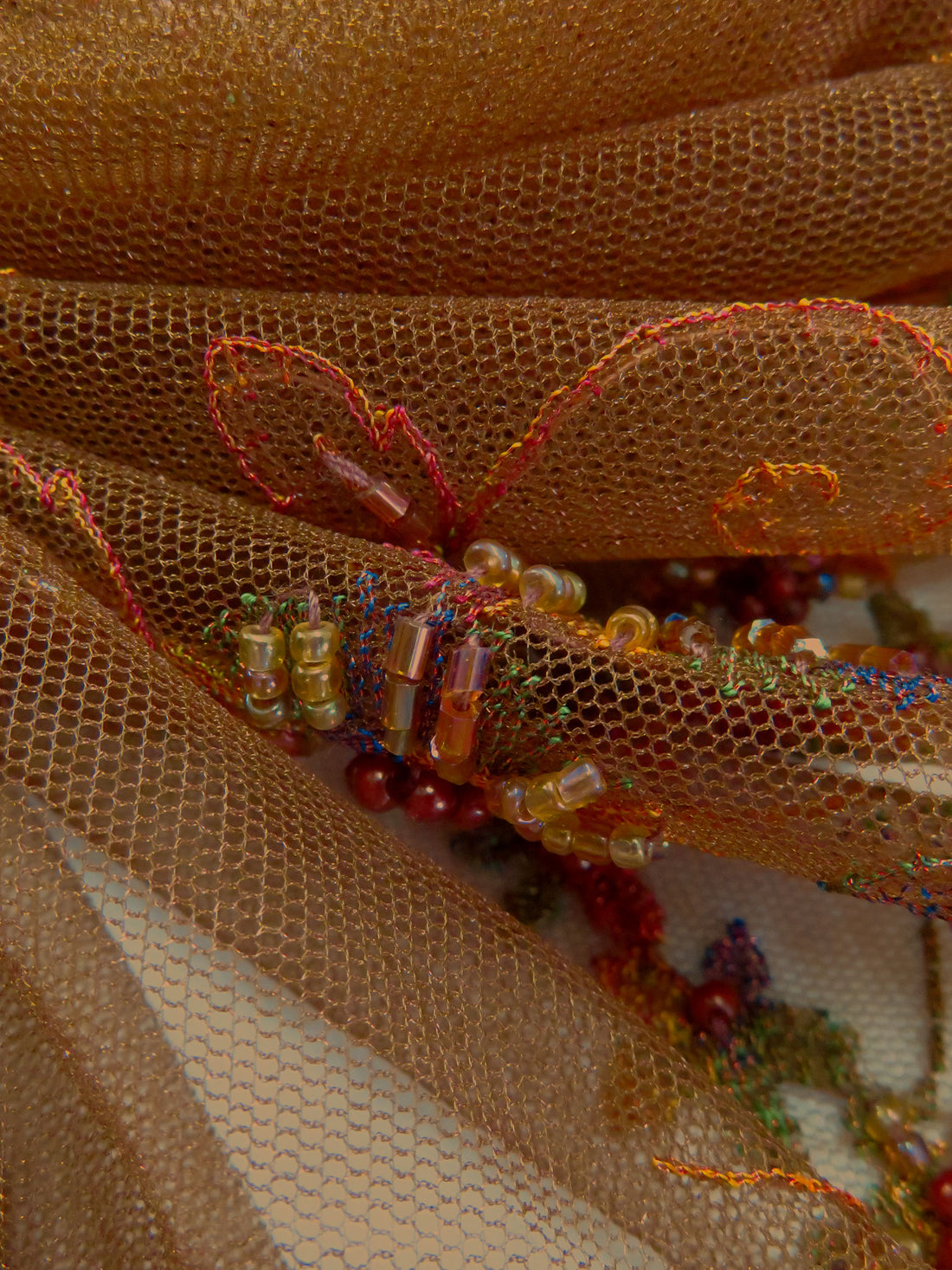 Copper/Sepia/Old Lavender/Multi 100% Nylon Scalloped Double Border Embroidered Floral & Bead Netting 49W