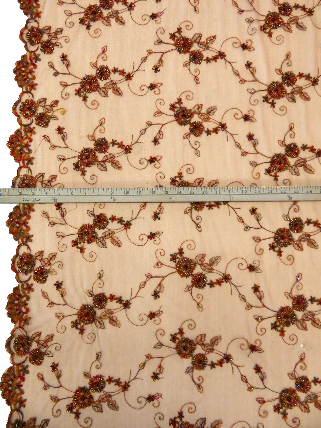 Copper/Sepia/Old Lavender/Multi 100% Nylon Scalloped Double Border Embroidered Floral & Bead Netting 49W