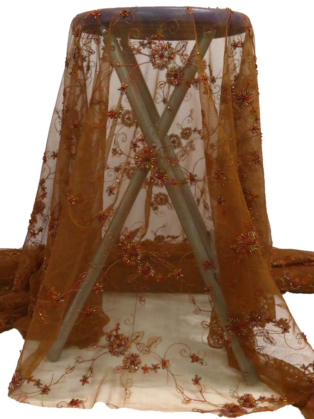 Copper/Sepia/Old Lavender/Multi 100% Nylon Scalloped Double Border Embroidered Floral & Bead Netting 49W
