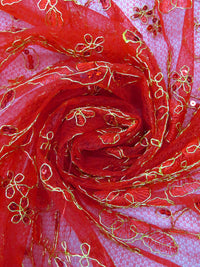 Venetian Red/Gold 100% Nylon Scalloped Double Border Embroidered Floral & Sequin Netting 52W