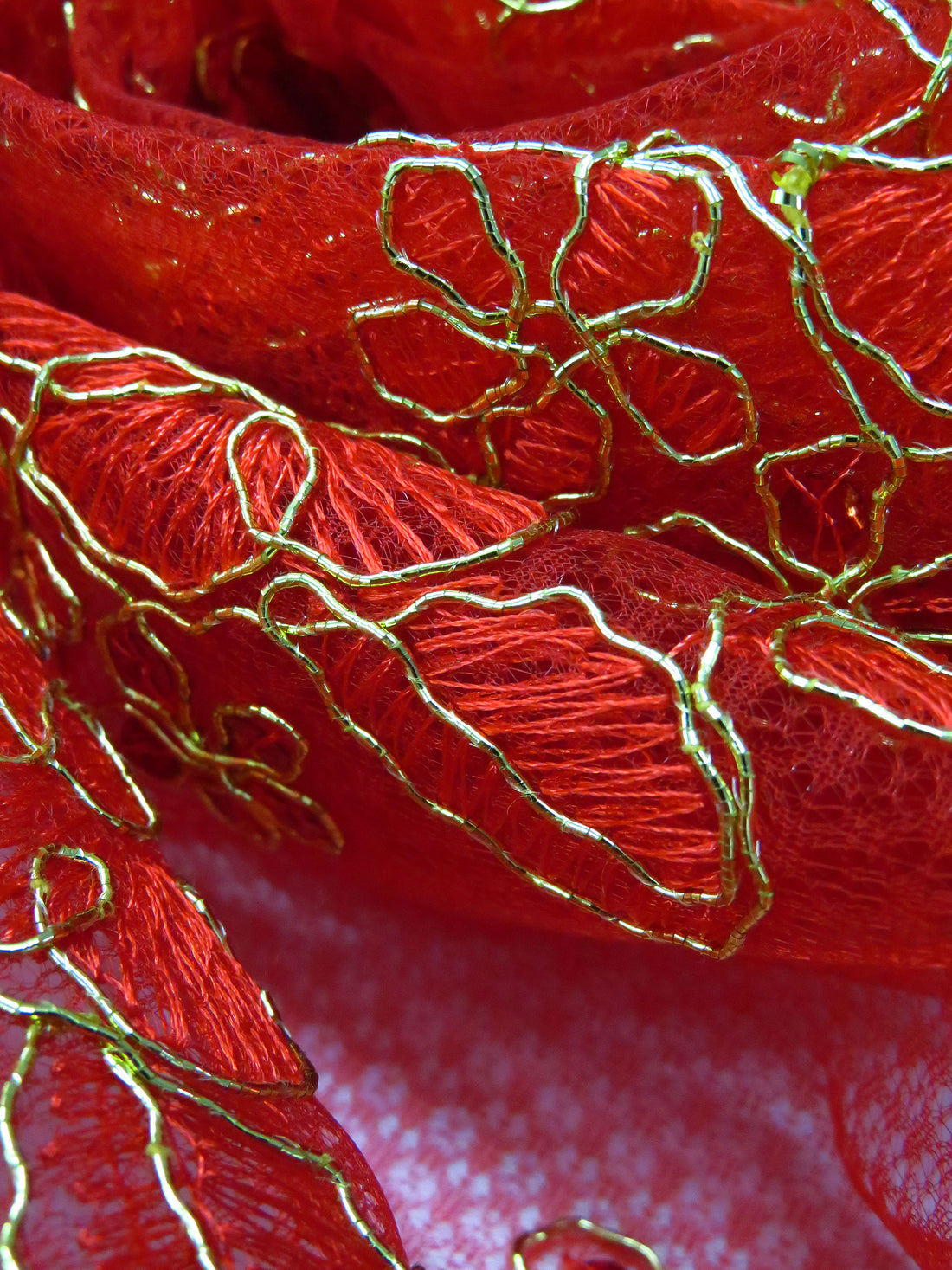 Venetian Red/Gold 100% Nylon Scalloped Double Border Embroidered Floral & Sequin Netting 52W