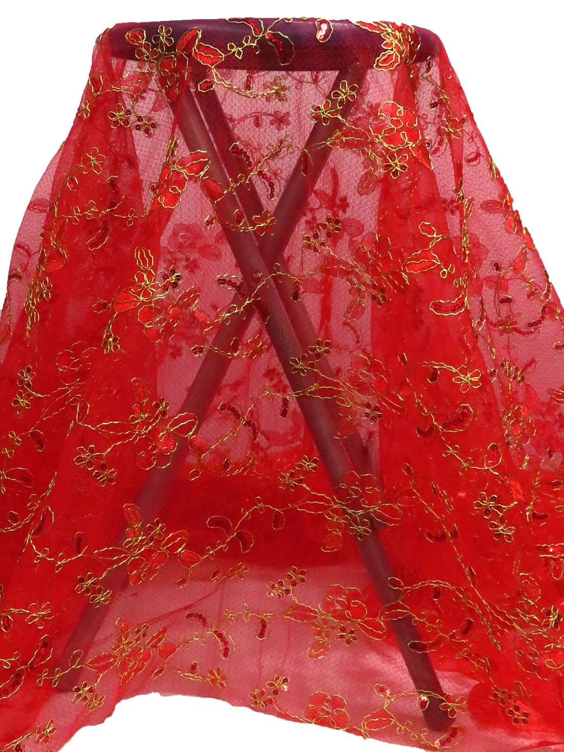 Venetian Red/Gold 100% Nylon Scalloped Double Border Embroidered Floral & Sequin Netting 52W