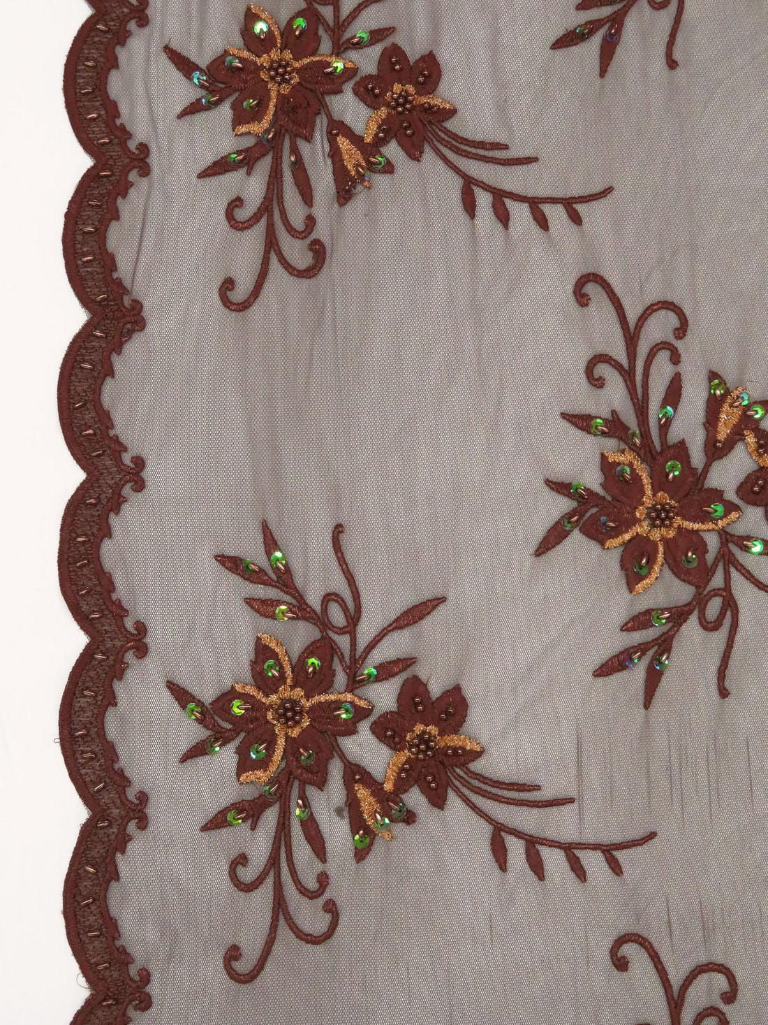 Chocolate/Golden Brown 100% Nylon Scalloped Double Border Embroidered Floral & Bead Netting 49W