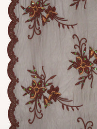 Chocolate/Golden Brown 100% Nylon Scalloped Double Border Embroidered Floral & Bead Netting 49W