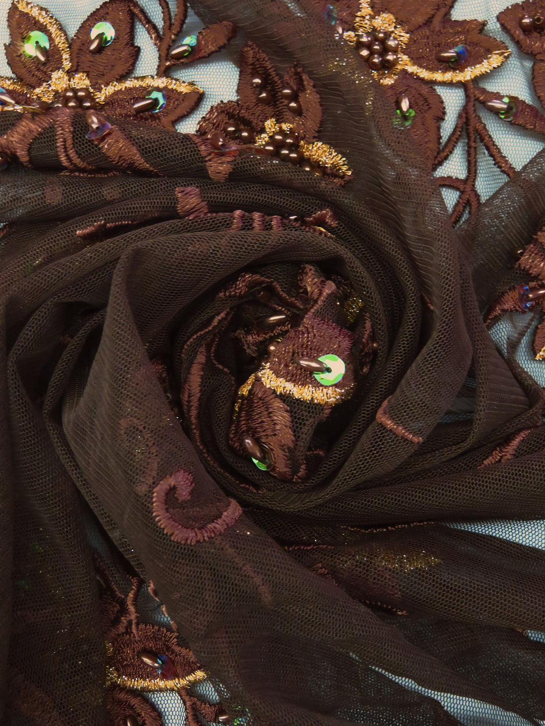 Chocolate/Golden Brown 100% Nylon Scalloped Double Border Embroidered Floral & Bead Netting 49W