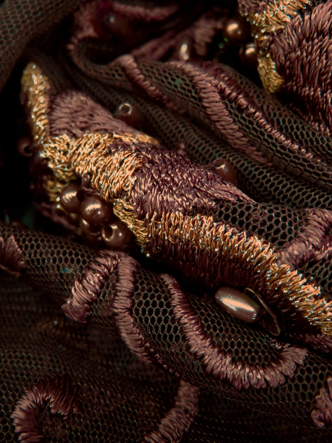 Chocolate/Golden Brown 100% Nylon Scalloped Double Border Embroidered Floral & Bead Netting 49W