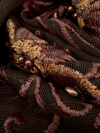 Chocolate/Golden Brown 100% Nylon Scalloped Double Border Embroidered Floral & Bead Netting 49W